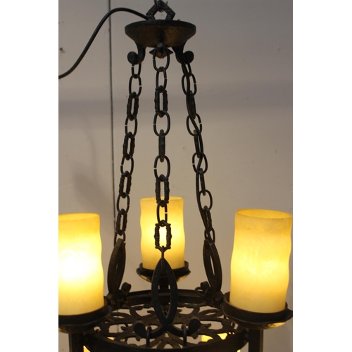 2 - Wrought iron two tier nine branch chandelier with alabaster shades {97 cm H x 75 cm Dia.}.
