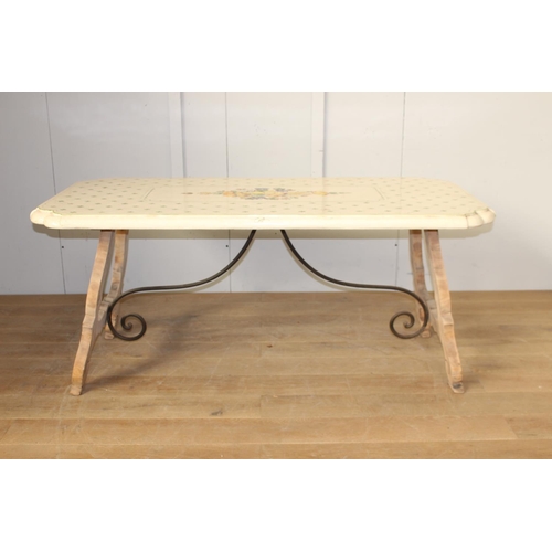 37 - Handmade and hand painted ceramic table raised on wooden and metal base {79 cm H x 200 cm W x 92 cm ... 