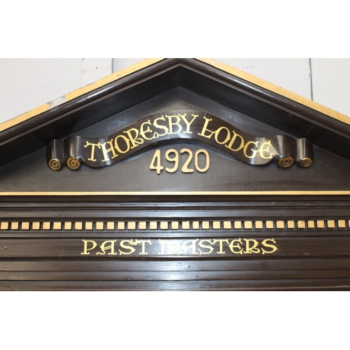 39 - Thoresby Lodge 4920 Past Masters 1927 - 1998 Masonic display board {194 cm H x 123 cm W x 12 cm D}.