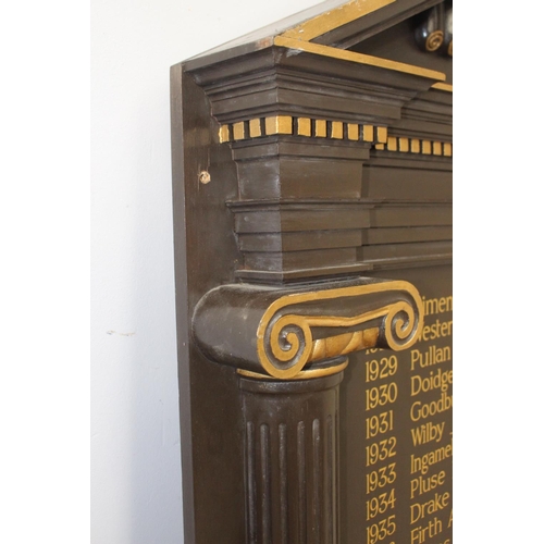 39 - Thoresby Lodge 4920 Past Masters 1927 - 1998 Masonic display board {194 cm H x 123 cm W x 12 cm D}.