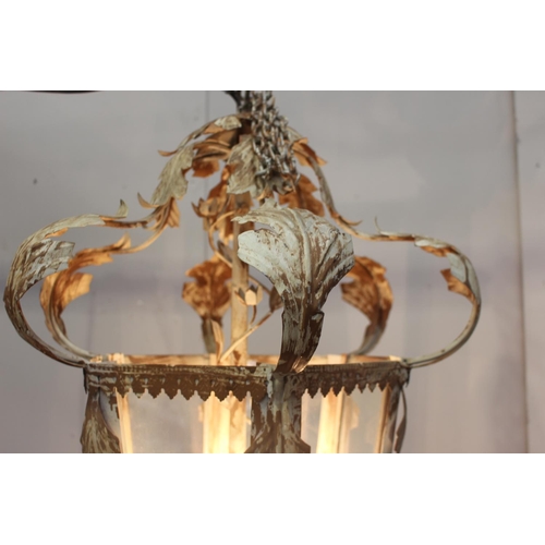 4 - Unusual painted metal acanthus leaf lantern with three branch lights in the centre {100 cm H x 52 cm... 