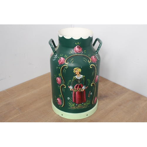 49 - Green metal milk churn with painted floral scene {60 cm H x 36 cm Dia.}.