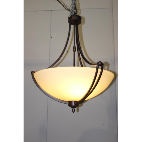 5 - Metal hanging light with alabaster shade {100 cm H x 56 cm  Dia.}.