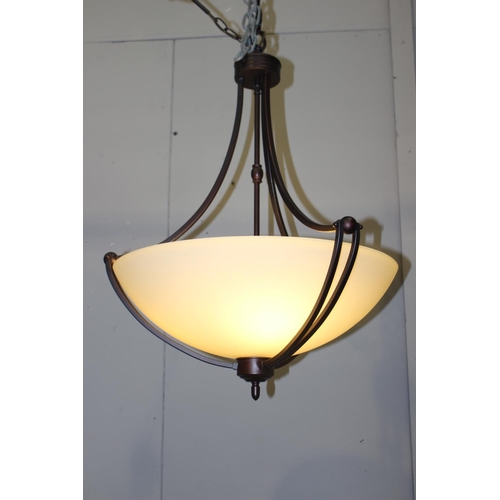 6 - Metal hanging light with alabaster shade {100 cm H x 56 cm  Dia.}.