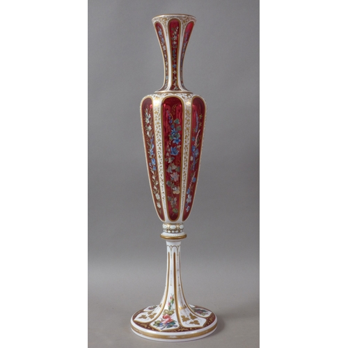 A Tall Bohemian White Flashed Cranberry Glass Vase The Panelled