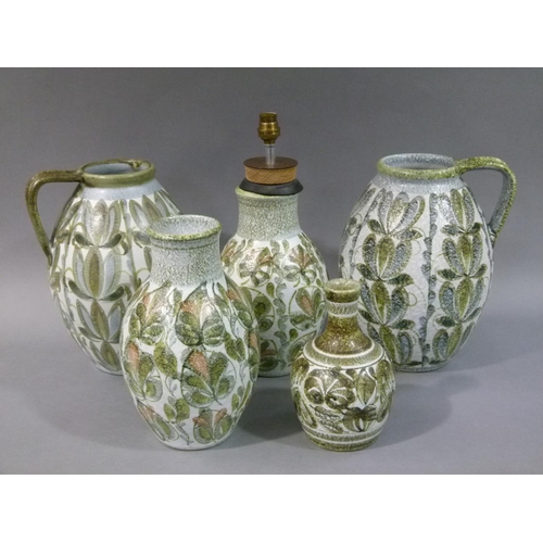 Five Similar Denby Vases Jugs And Lights All Decorated In