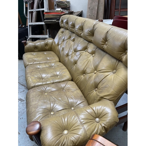 211 - 1960/70s GUY ROGERS WOOD & LEATHER 3 SEAT SOFA