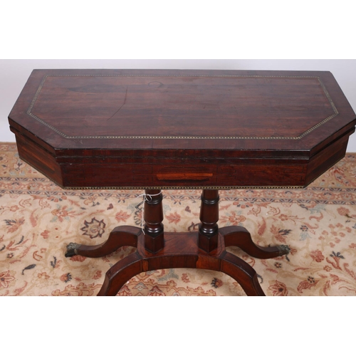 23 - A GOOD GEORGIAN ROSEWOOD AND BRASS INLAID FOLD OVER CARD TABLE of rectangular outline with canted an... 