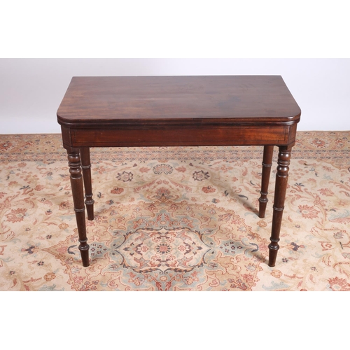 27 - A GEORGIAN MAHOGANY FOLD OVER CARD TABLE the rectangular hinged top with baize lined interior on tur... 