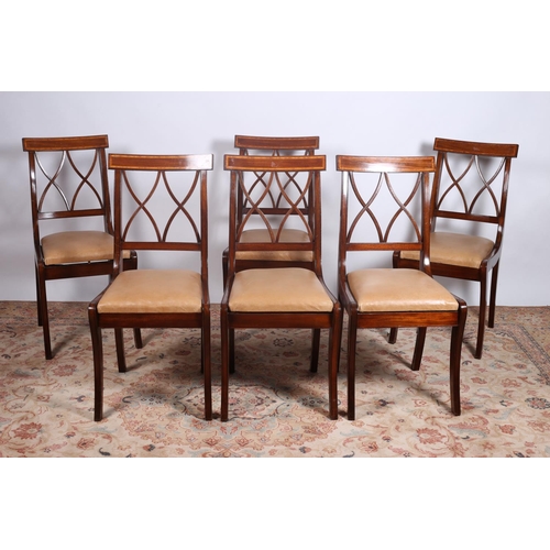 30 - A SET OF SIX SHERATON DESIGN MAHOGANY AND SATINWOOD INLAID DINING CHAIRS each with a curved top rail... 