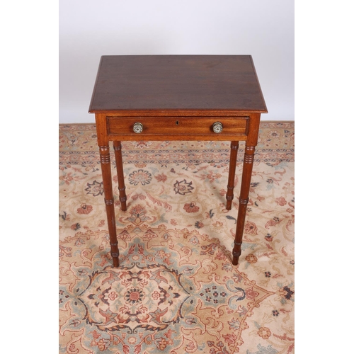 51 - A 19TH CENTURY MAHOGANY SIDE TABLE of rectangular outline with frieze drawer and ring turned taperin... 