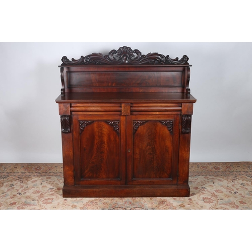 56 - A VICTORIAN MAHOGANY SIDE CABINET the raised superstructure with carved scroll back and open shelf w... 