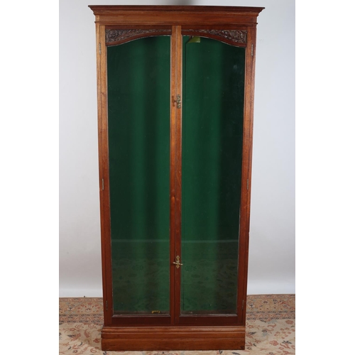 10 - A 19TH CENTURY MAHOGANY AND GLAZED DISPLAY CABINET the moulded cornice above a pair of glazed doors ... 