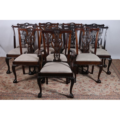 20 - A HARLEQUIN SET OF TWELVE CHIPPENDALE DESIGN MAHOGANY DINING CHAIRS including an elbow chair each wi... 