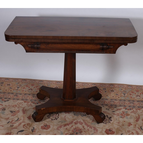 25 - A GOOD 19TH CENTURY ROSEWOOD FOLD OVER CARD TABLE the rectangular hinged top with baize lined interi... 