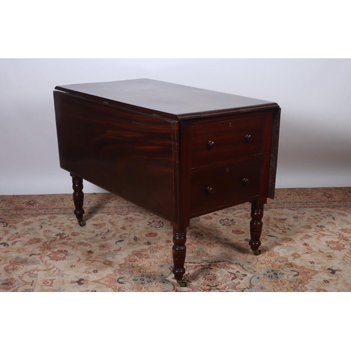 35 - A 19TH CENTURY MAHOGANY DROP LEAF TABLE the rectangular hinged top with two deep frieze drawers with... 
