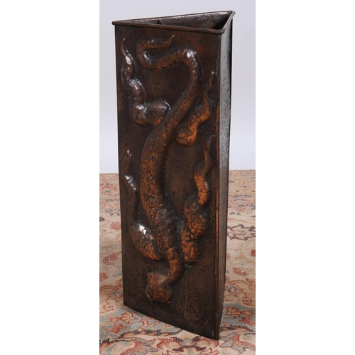 44 - A COPPER STICK STAND of triangular form moulded in high relief with lizards 58cm (h) x 24cm (w)