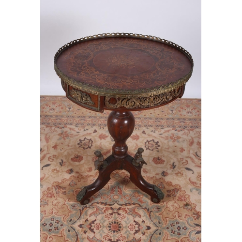 45 - A CONTINENTAL KINGWOOD MARQUETRY AND GILT BRASS MOUNTED OCCASIONAL TABLE of circular outline with pi... 