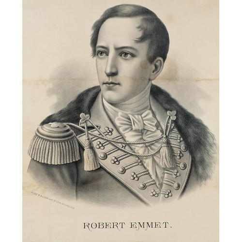 15 - Robert Emmet, two portrait prints. A head and shoulders portrait etching of Robert Emmet in uniform,... 