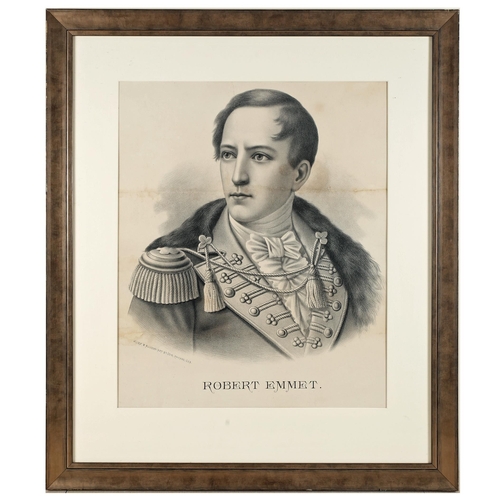 15 - Robert Emmet, two portrait prints. A head and shoulders portrait etching of Robert Emmet in uniform,... 