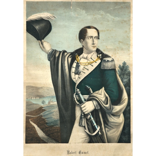 16 - Robert Emmett, The Irish Patriot. A coloured print depicting Emmet in his uniform of a green coat wi... 