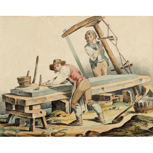 18 - 19th century pencil and watercolour studies of stone masons and laundresses at work, a pair, 9