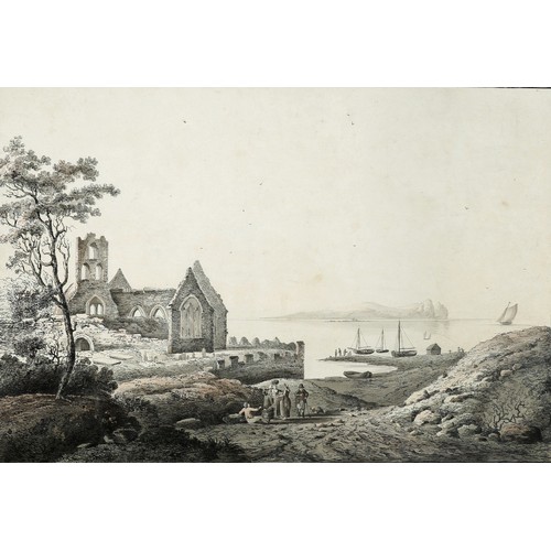 21 - La Porte, 18thC. A view of Howth Abbey, aquatint with etching, hand coloured, 16½