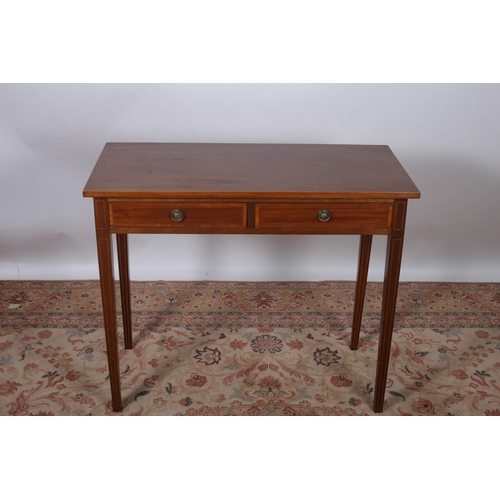 3 - A SHERATON DESIGN MAHOGANY AND SATINWOOD INLAID SIDE TABLE of rectangular outline the shaped top wit... 