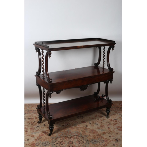 33 - A 19TH CENTURY ROSEWOOD DUMB WAITER of rectangular outline the shaped top with moulded three quarter... 