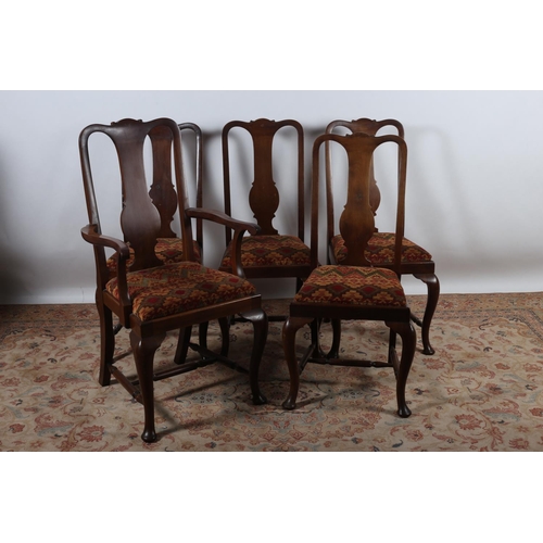 34 - A SET OF FIVE QUEEN ANNE DESIGN MAHOGANY DINING ROOM CHAIRS including an elbow chair each with a sol... 