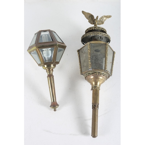 52 - TWO BRASS WALL LANTERNS each of octagonal outline 74cm (h)/53cm (h)