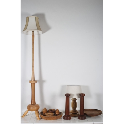 58 - A COLLECTION OF VINTAGE TREENWARE to include a floor standing lamp a pair of candlesticks table lamp... 