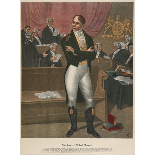 22 - The Trial of Robert Emmet. Emmet pictured in green tail coat, addressing the courtroom, colour litho... 