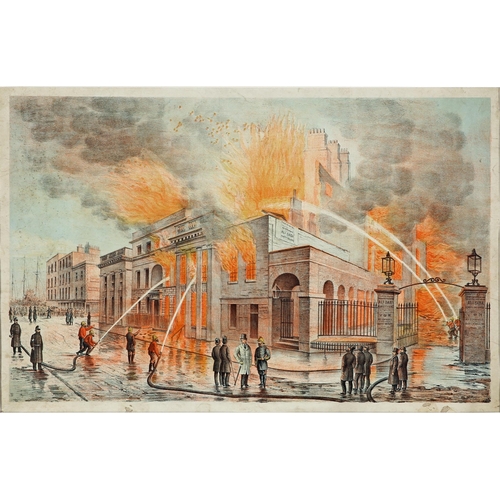 45 - Theatre Royal, Hawkins Street, Dublin in flames with firemen fighting the blaze, 9 February 1880, co... 