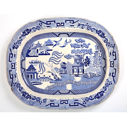 49 - Victorian Belleek earthenware, willow-pattern meat-dish, the base with impressed harp mark, c.1860s,... 