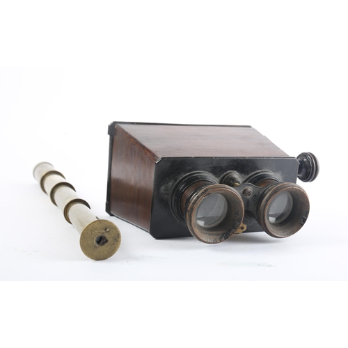 53 - A late 19th century French stereoscope slide viewer, together with a brass three-draw, pocket telesc... 