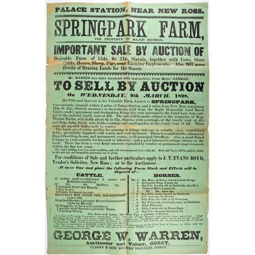 55 - Auction Poster advertising the sale by auction of Springpark Farm, Palace Station, near New Ross on ... 