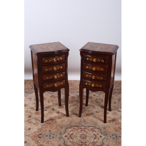 37 - A PAIR OF CONTINENTAL WALNUT AND MARQUETRY CHESTS each of serpentine outline the shaped tops above f... 