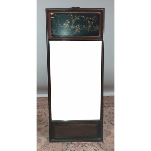 46 - AN ORIENTAL HARDWOOD AND LACQUERED MIRROR the rectangular bevelled plate with japanned panels depict... 