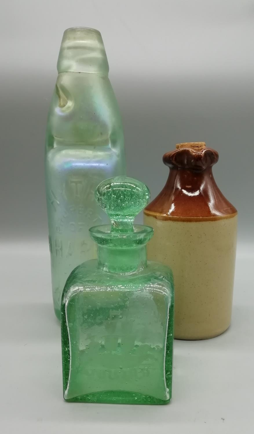 Vintage Glass Bottles including Victorian Etched Bottle and Stoneware ...