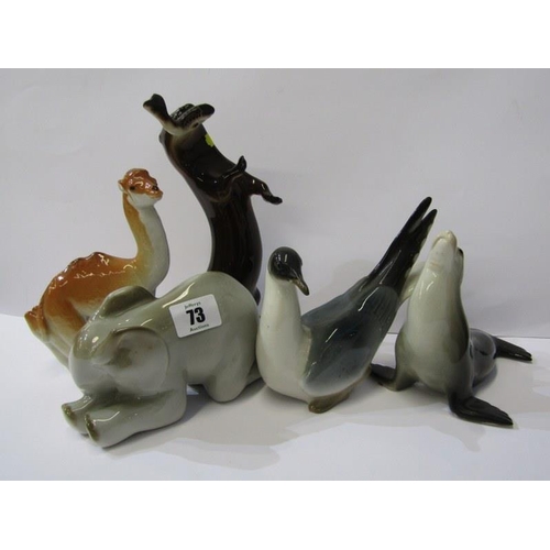 73 - RUSSIAN PORCELAIN ANIMALS, group of 5 figures including otter with fish and elephant calf