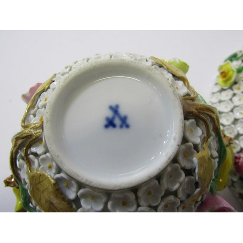 75 - MEISSEN, floral encrusted lidded cup and saucer with bird applied decoration (some faults)