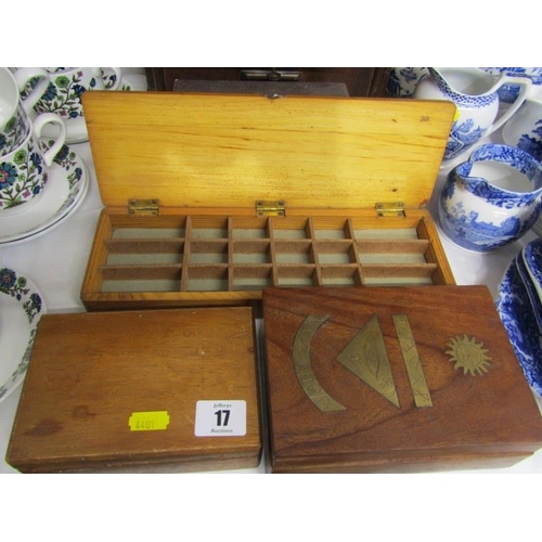 17 - BOXES, Masonic brass inlaid jewellery box, specimen box & 5 other assorted boxes