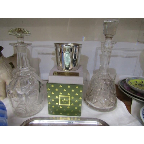 20 - GLASSWARE, 2 cut glass decanters, also Christofle serving tray & beaker, glass vase & 