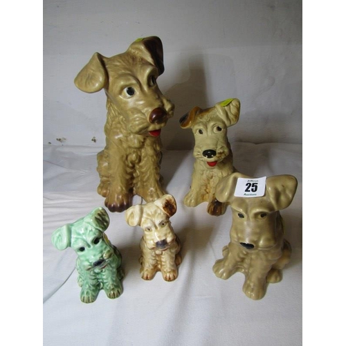 25 - SYLVAC DOGS, 4 seated Sylvac dogs including brown glazed 1380, 11