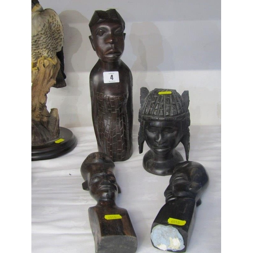 4 - ETHNIC CARVINGS, 4 African carved head sculptures, maximum height 12