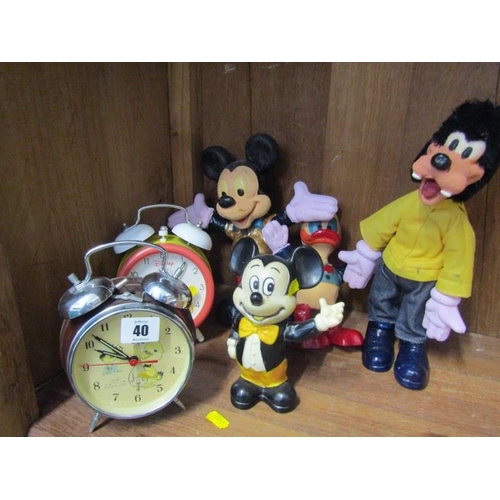 40 - DISNEY, Mickey Mouse alarm clock, 2 Mickey Mouse figures, Donald Duck & Goofy together with similar ... 