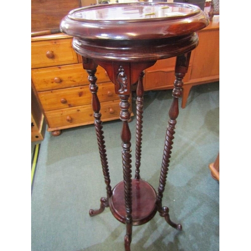 616 - MAHOGANY PLANT STAND, of circular form, on barley twist supports, fitted a lower shelf, 12