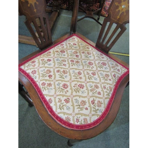 617 - EDWARDIAN CORNER CHAIR, with inlaid decoration and floral upholstered seat