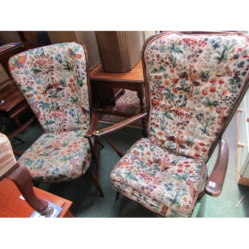 648 - 2 ERCOL STICKBACK OPEN ARM CHAIRS with bird, animal and floral cushions, (1 needs rewebbing)